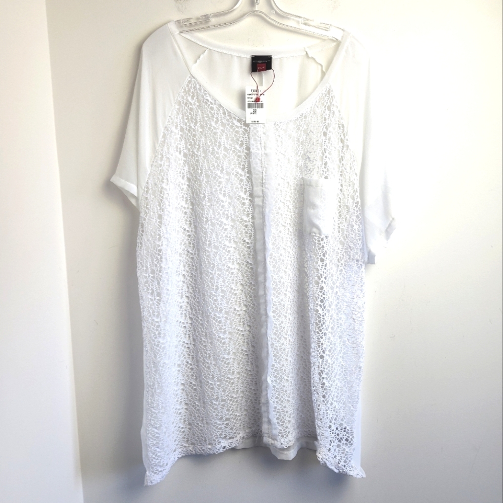 New CPM Due plus size blouse 22 bright white mixed lace sheer layered new light